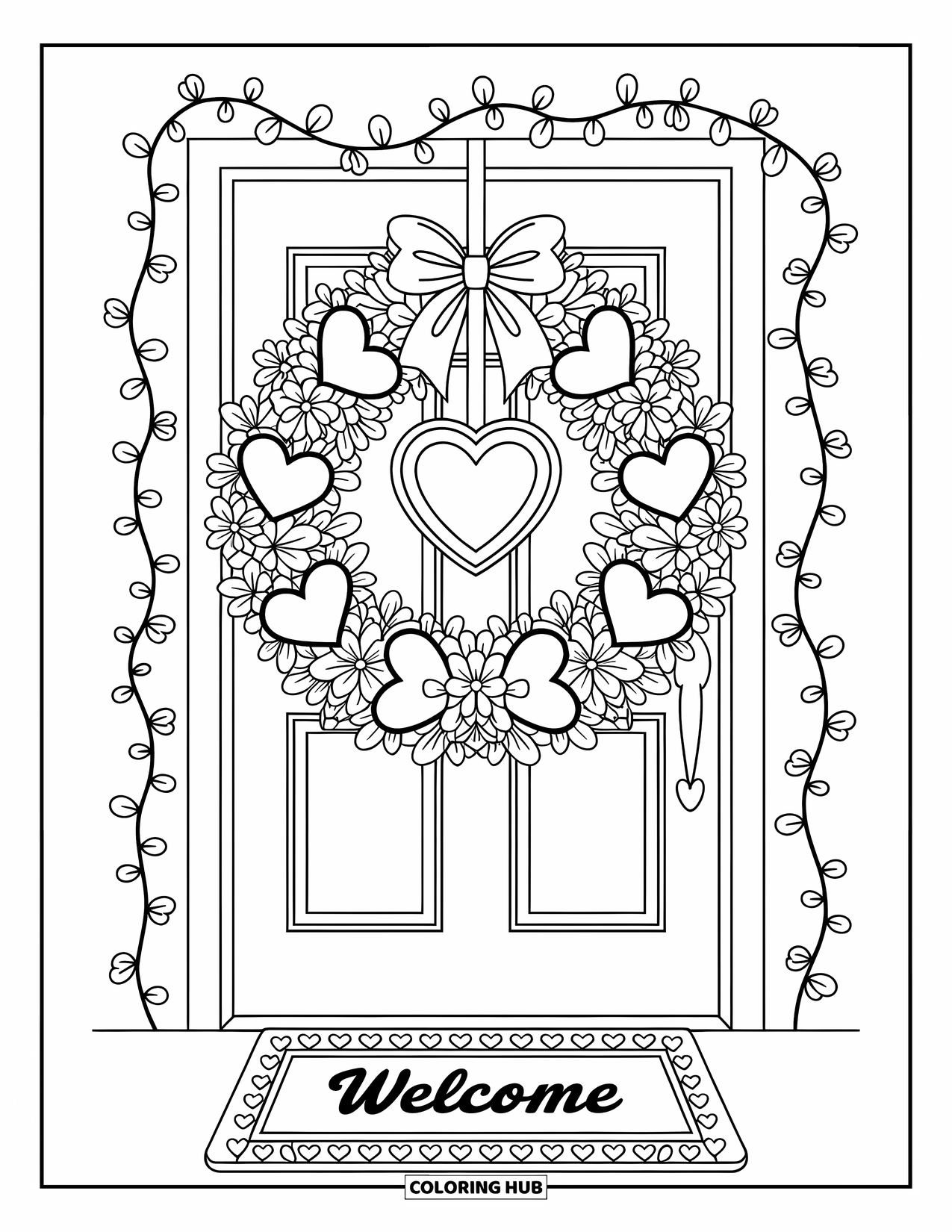 Valentine Heart Coloring Page for Adults: A cute front door scene with heart wreath, lights, and a welcoming mat
