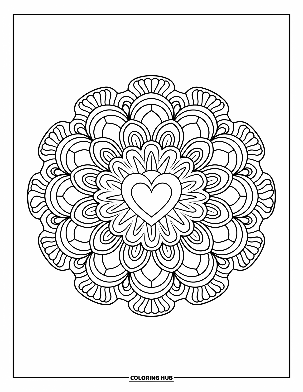 Valentine Heart Coloring Page for Adults: A floral mandala with a heart in the center and symmetrical layers