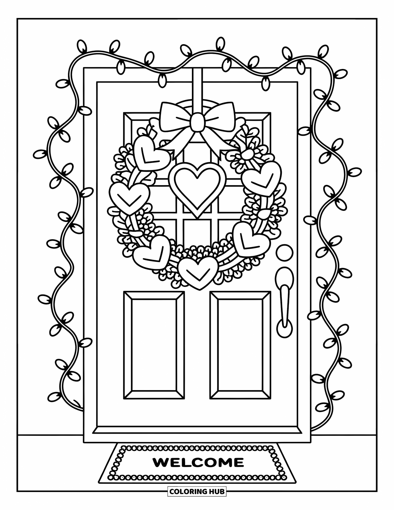 Valentine Heart Coloring Page for Adults: A heart-filled wreath hangs on a welcoming front door with a sweet mat