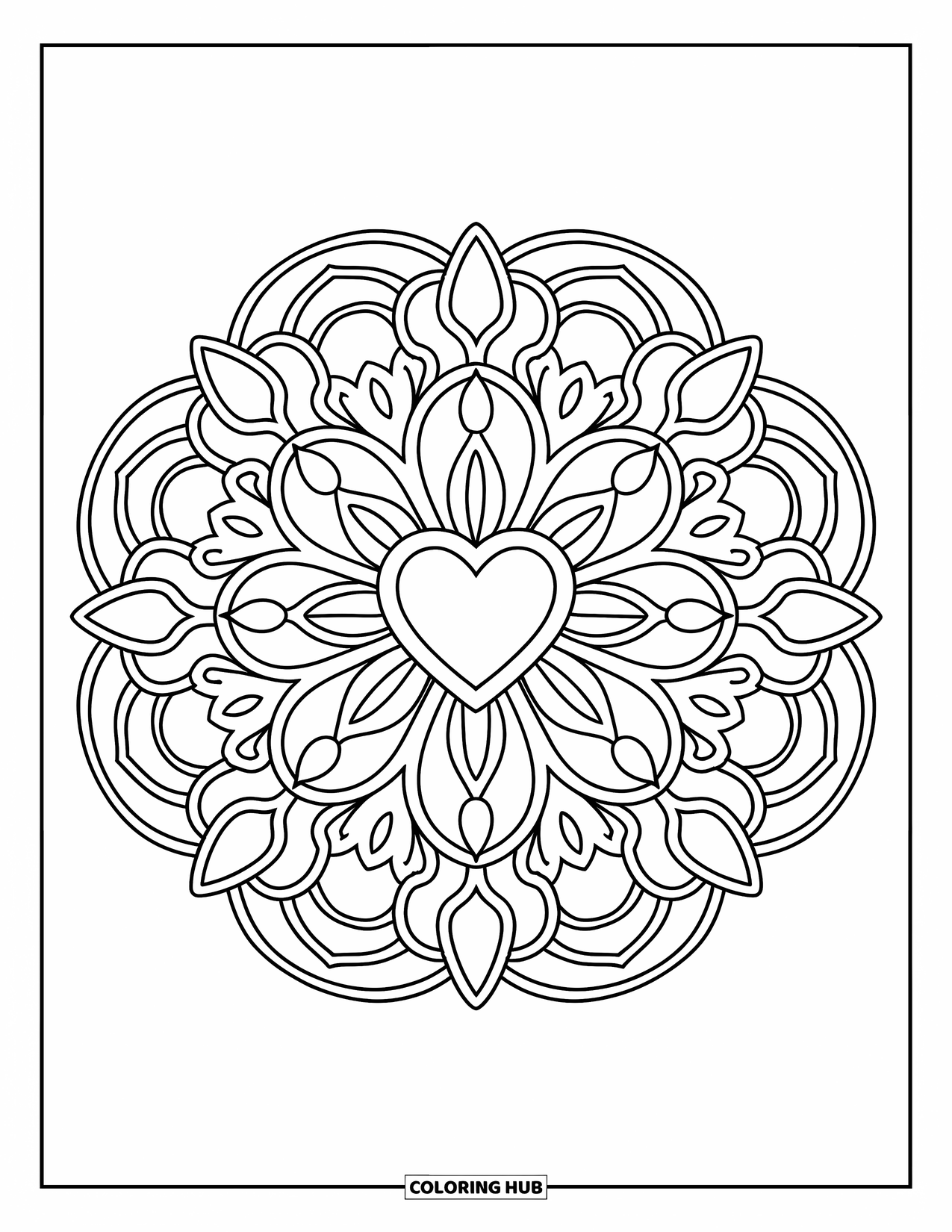 Valentine Heart Coloring Page for Adults: A heart lies at the center of a floral mandala framed with soft details