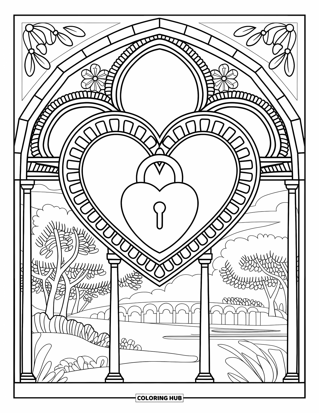 Valentine Heart Coloring Page for Adults: A heart lock and floral stained glass arches sit above a peaceful scene