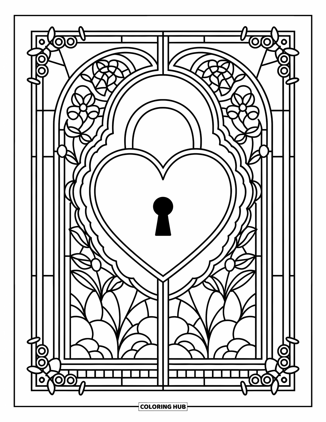 Valentine Heart Coloring Page for Adults: A heart-shaped lock rests inside floral arches with intricate lace details