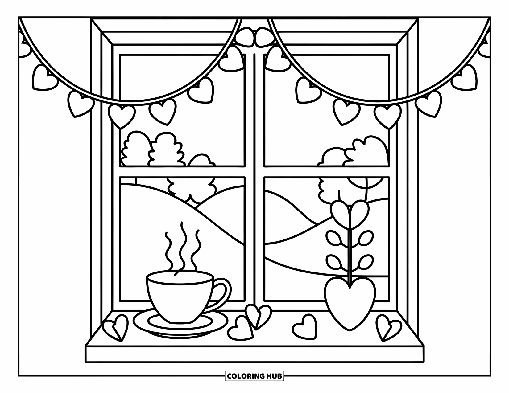 Valentine Heart Coloring Page for Adults: A peaceful windowsill with a heart-shaped plant, folded hearts, and hot tea