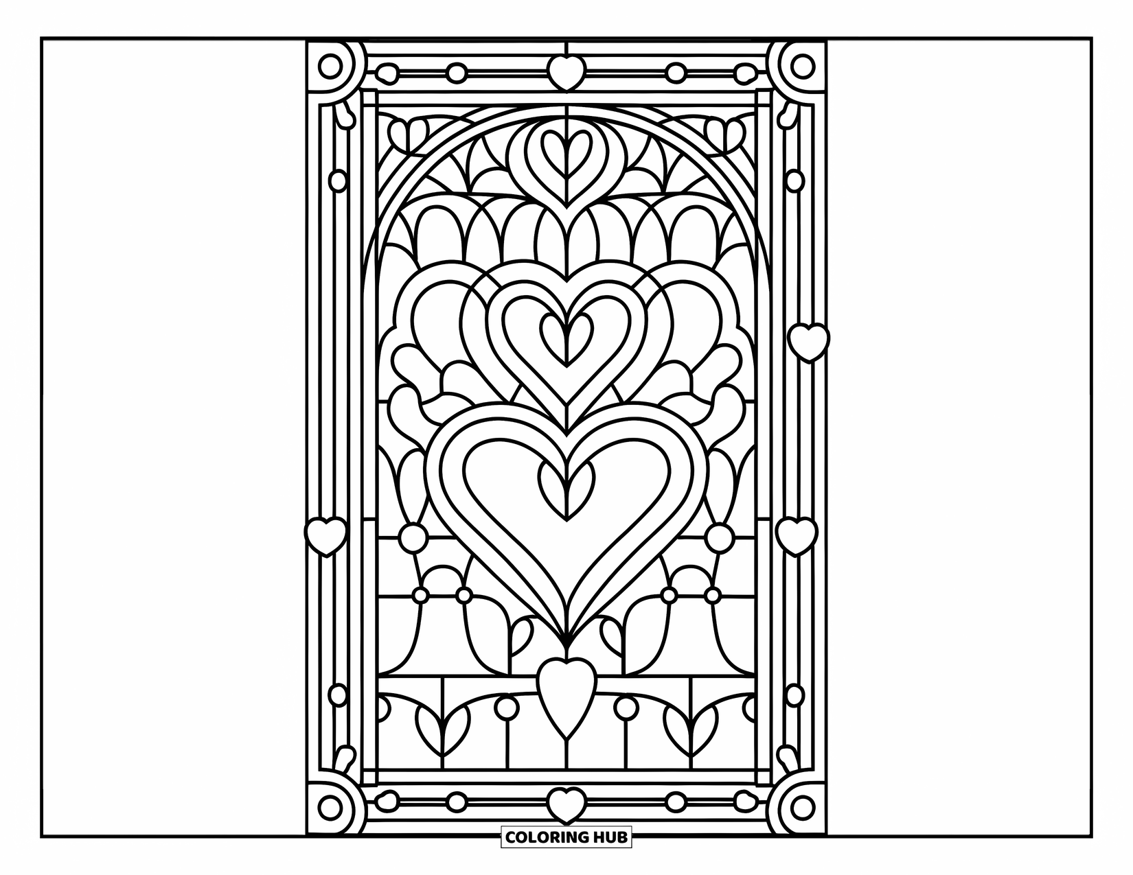Valentine Heart Coloring Page for Adults: A stained glass frame with hearts, flowers, and detailed border designs