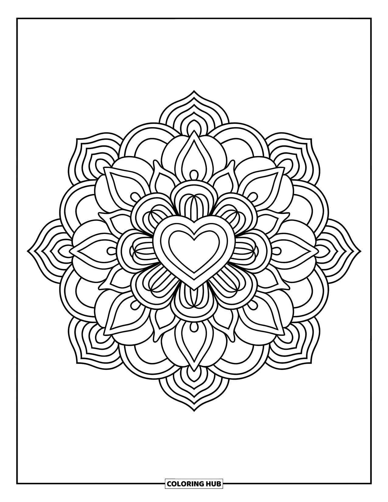 Valentine Heart Coloring Page for Adults: A symmetrical mandala surrounds a heart with delicate floral layers