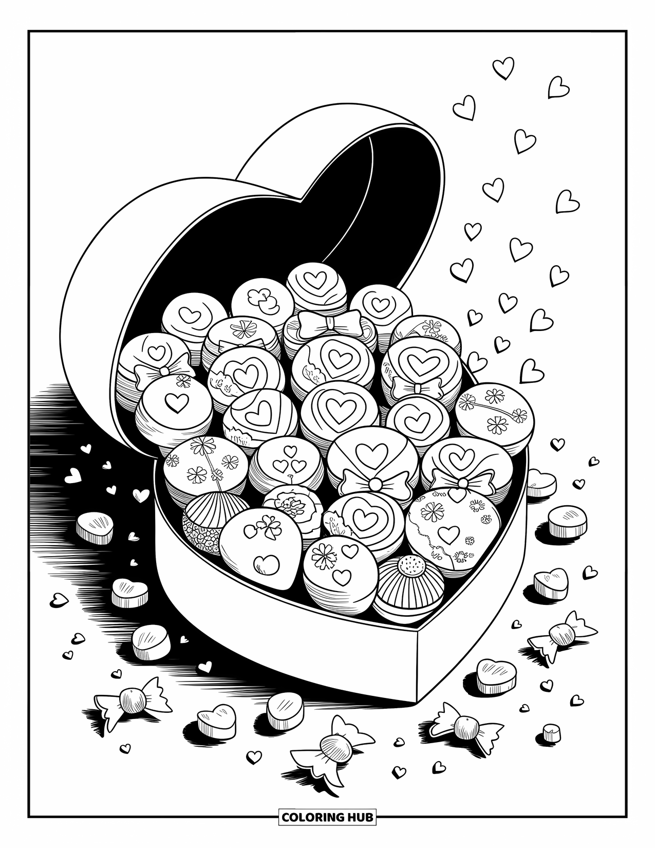 Valentine Heart Coloring Page for Adults: An open box of treats with sweet designs and playful bite marks