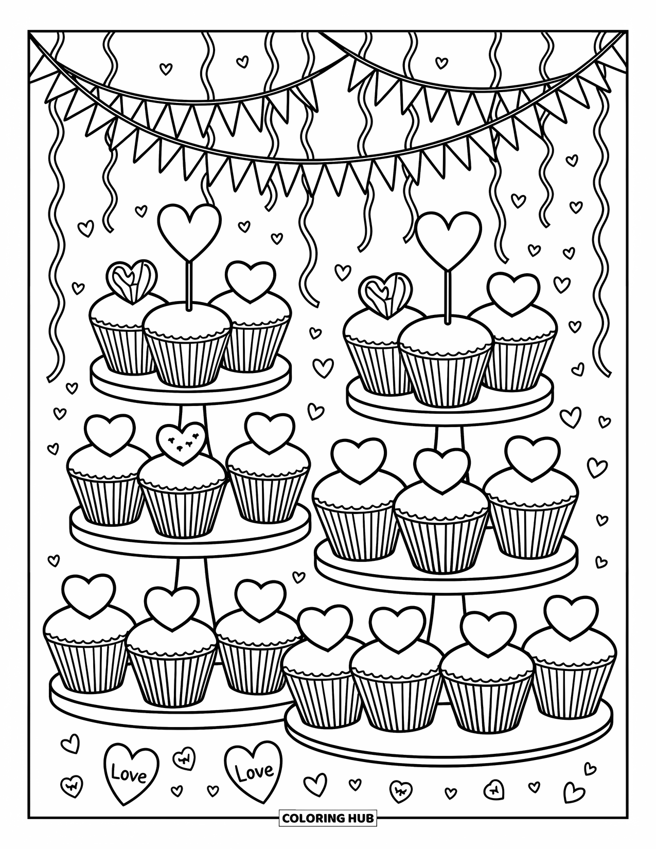 Valentine Heart Coloring Page for Adults: Heart-topped cupcakes fill the stands in a fun, festive bakery scene