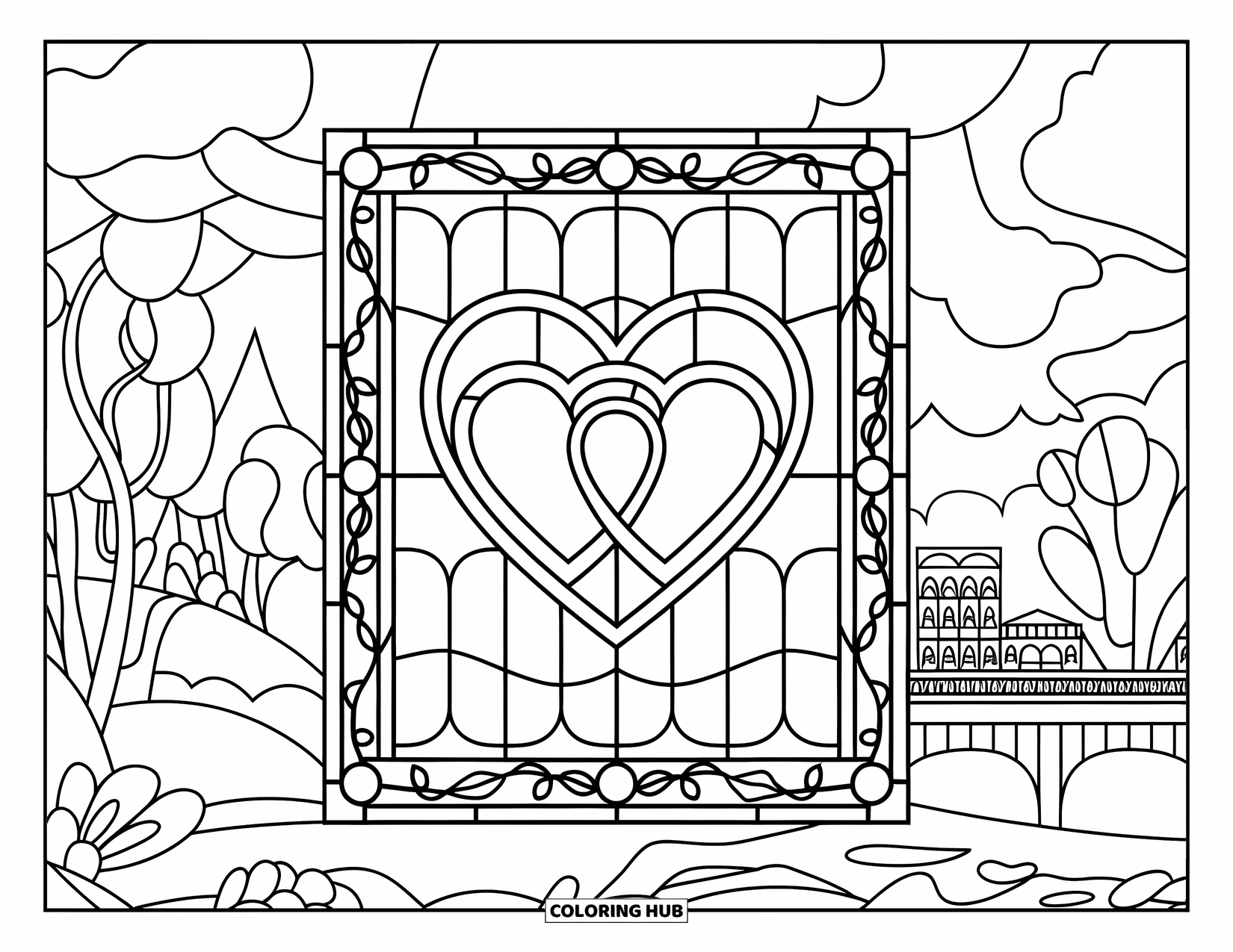 Valentine Heart Coloring Page for Adults: Hearts and vines sit in a stained glass frame above a peaceful landscape