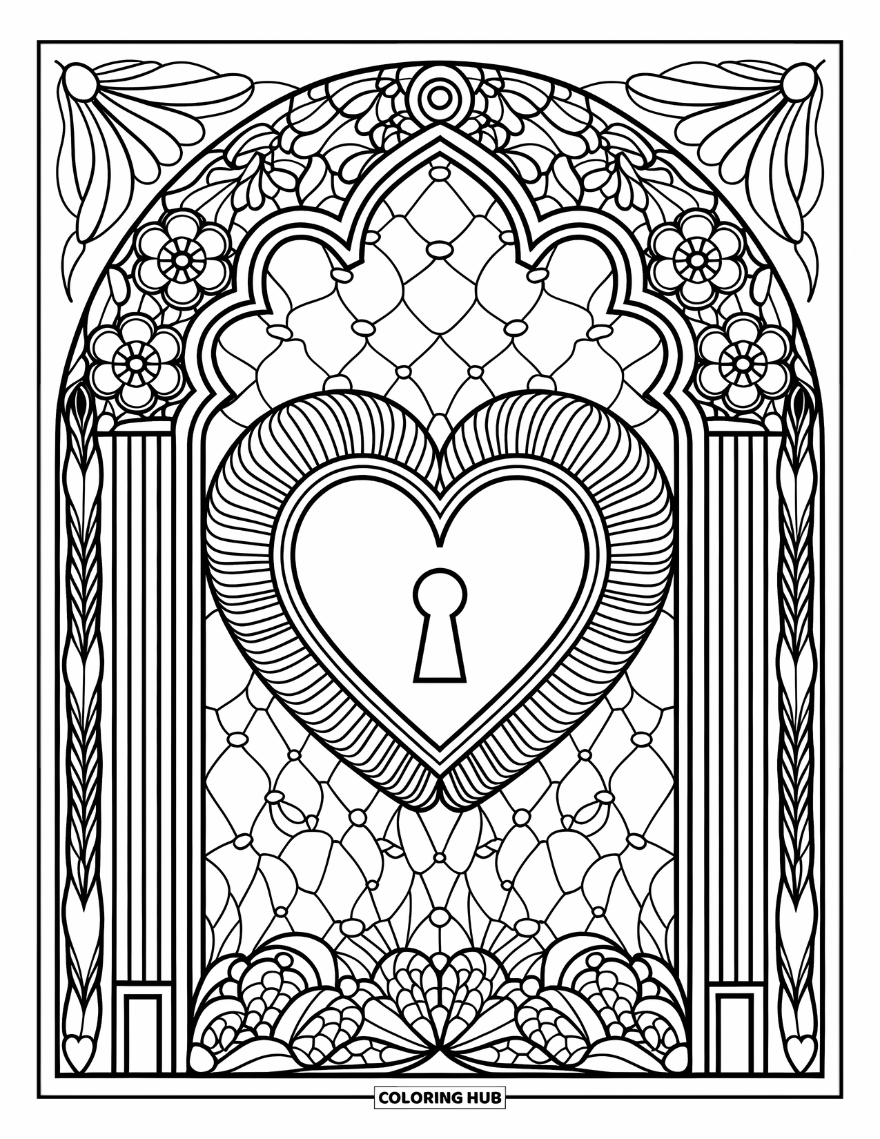 Valentine Heart Coloring Page for Adults: Lace and floral arches surround a heart-shaped lock with elegant detail