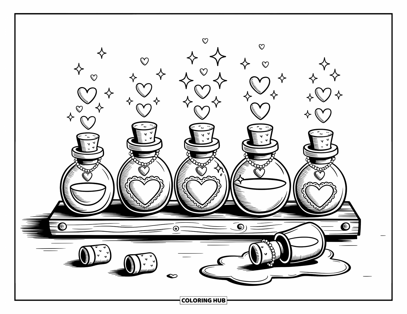 Valentine Heart Coloring Page for Adults: Mini love potion bottles sparkle with charm and a heart-shaped spill