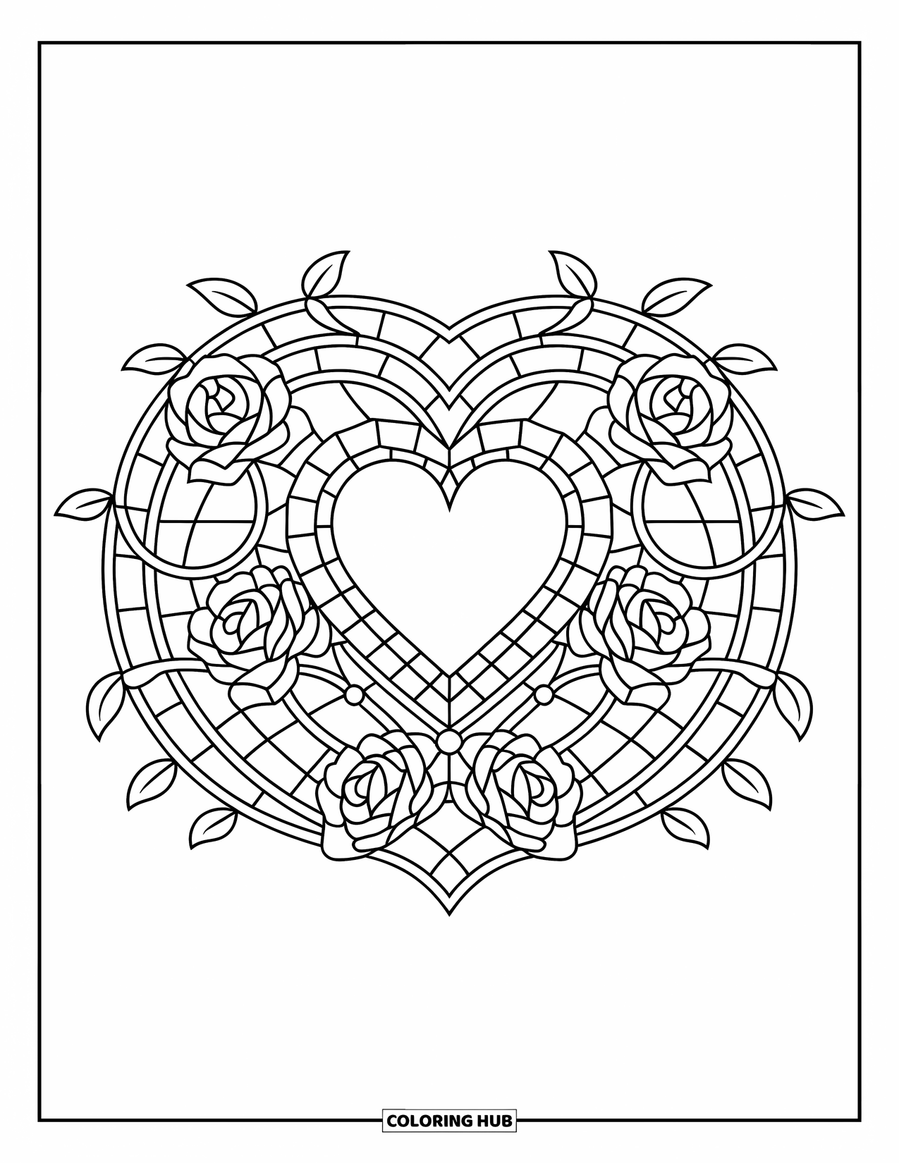 Valentine Heart Coloring Page for Adults: Roses and vines encase a heart in a stained glass-style design