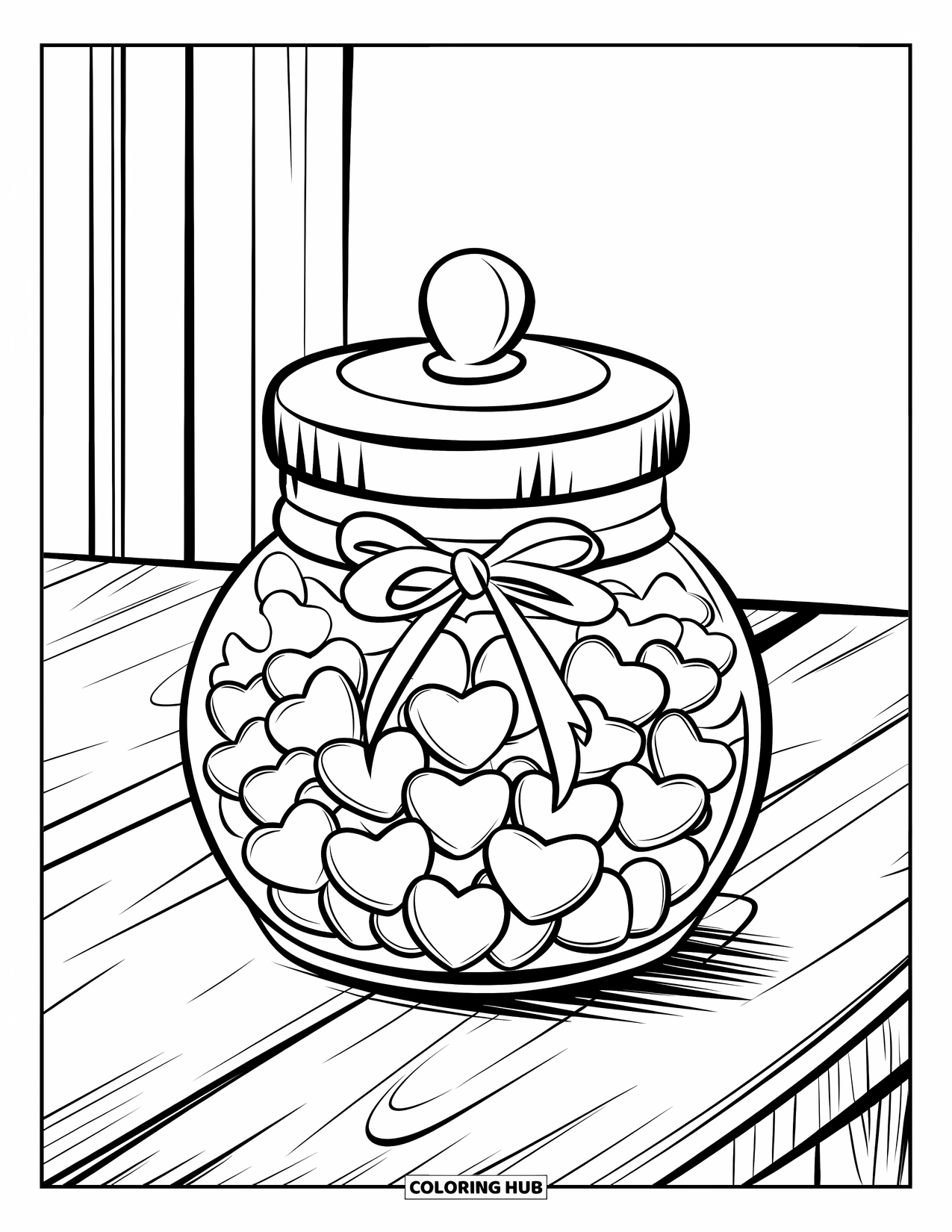 Valentine Heart Coloring Page for Kids: A candy jar full of heart-shaped treats rests on a table