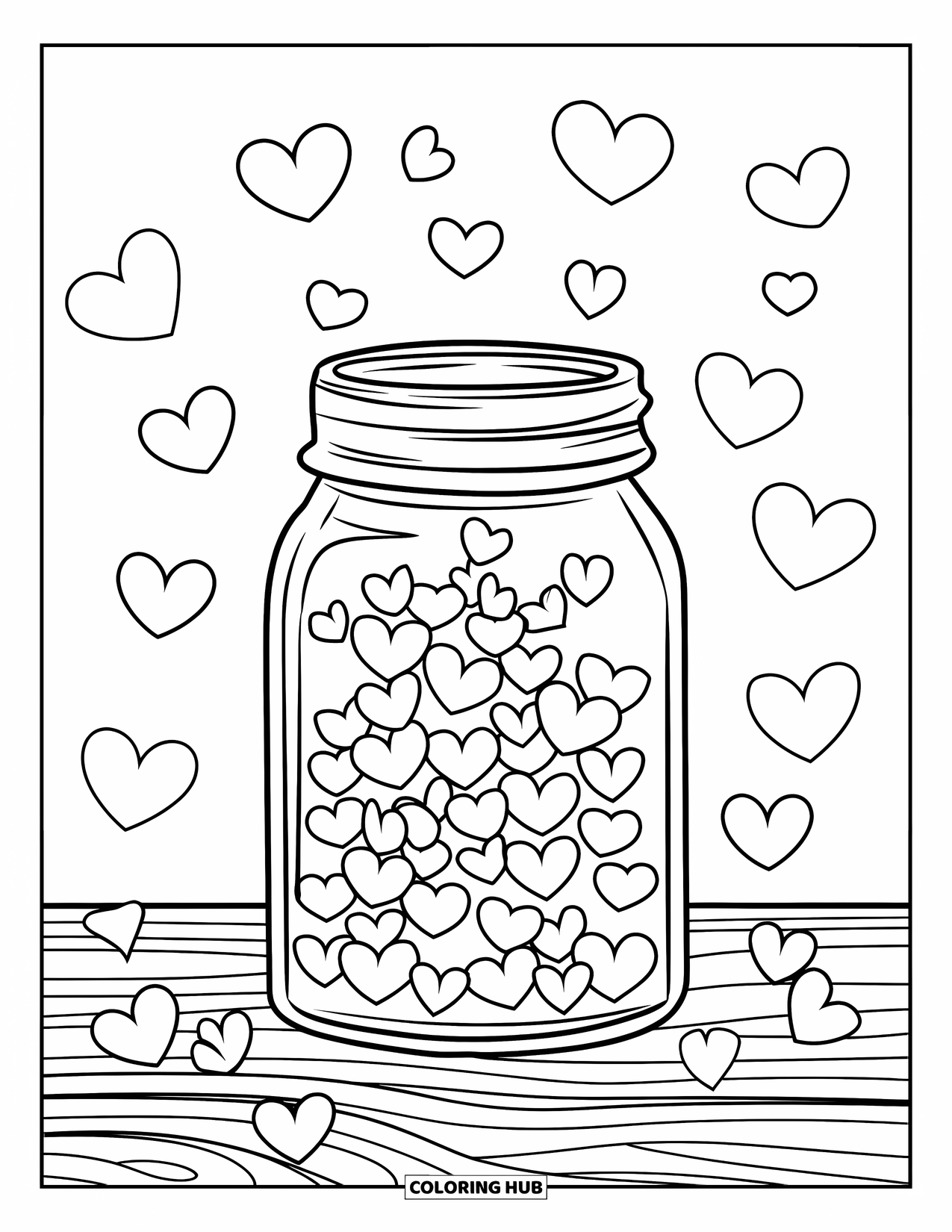 Valentine Heart Coloring Page for Kids: A glowing jar sits full of floating tiny hearts
