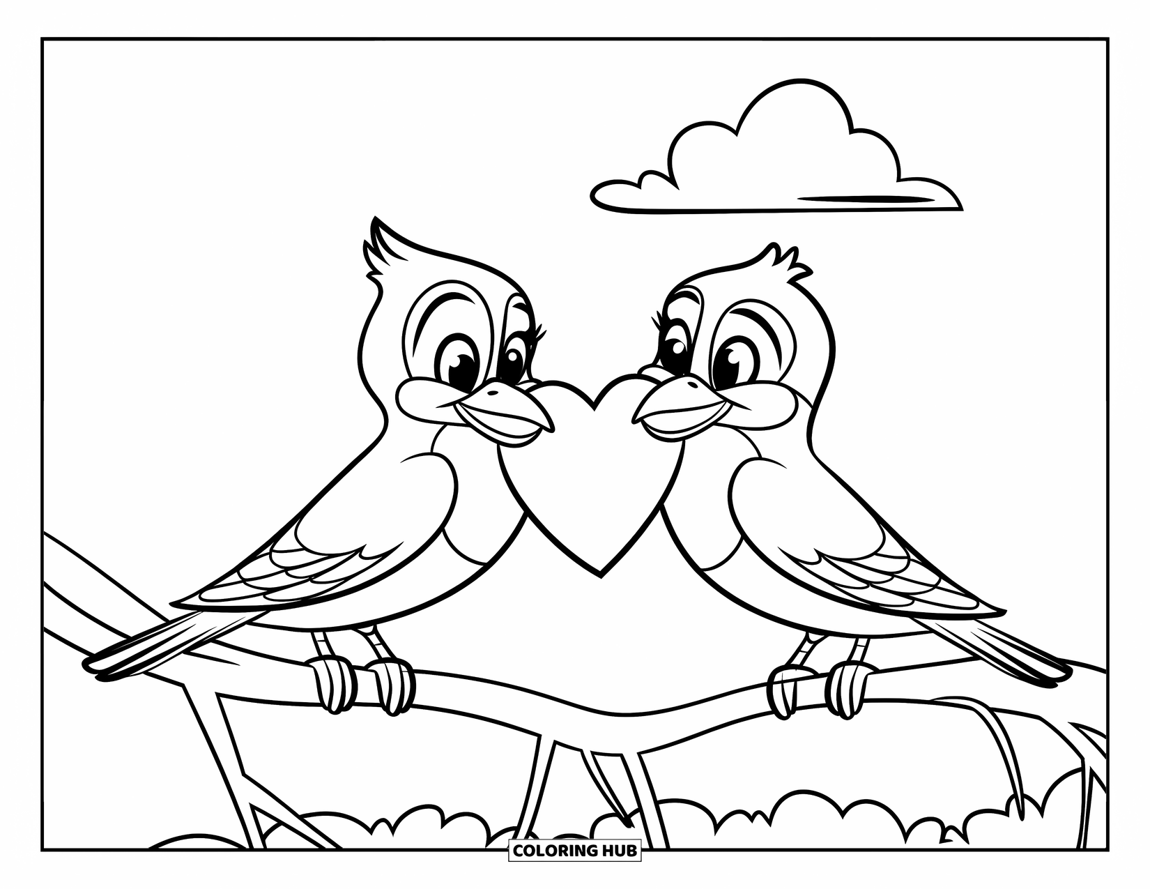 Valentine Heart Coloring Page for Kids: A heart hangs between two birds on a branch