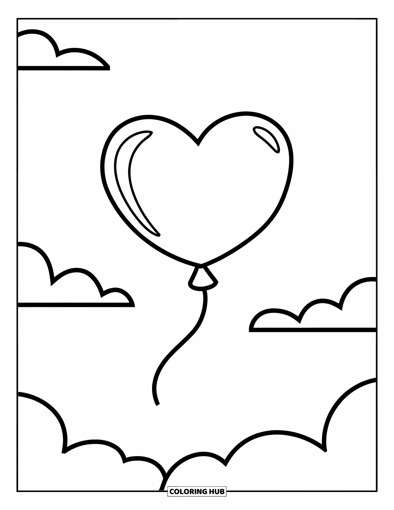 Valentine Heart Coloring Page for Kids: A heart-shaped balloon floats high with a string