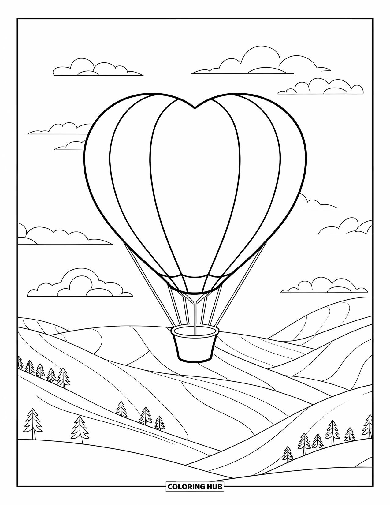 Valentine Heart Coloring Page for Kids: A heart-shaped hot air balloon floats above grassy hills