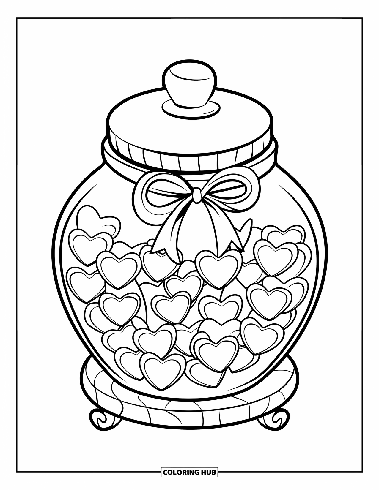 Valentine Heart Coloring Page for Kids: A ribboned candy jar holds tiny heart-shaped treats