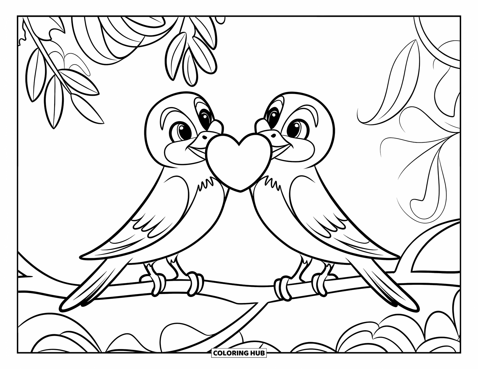 Valentine Heart Coloring Page for Kids: A simple branch holds two birds sharing a heart
