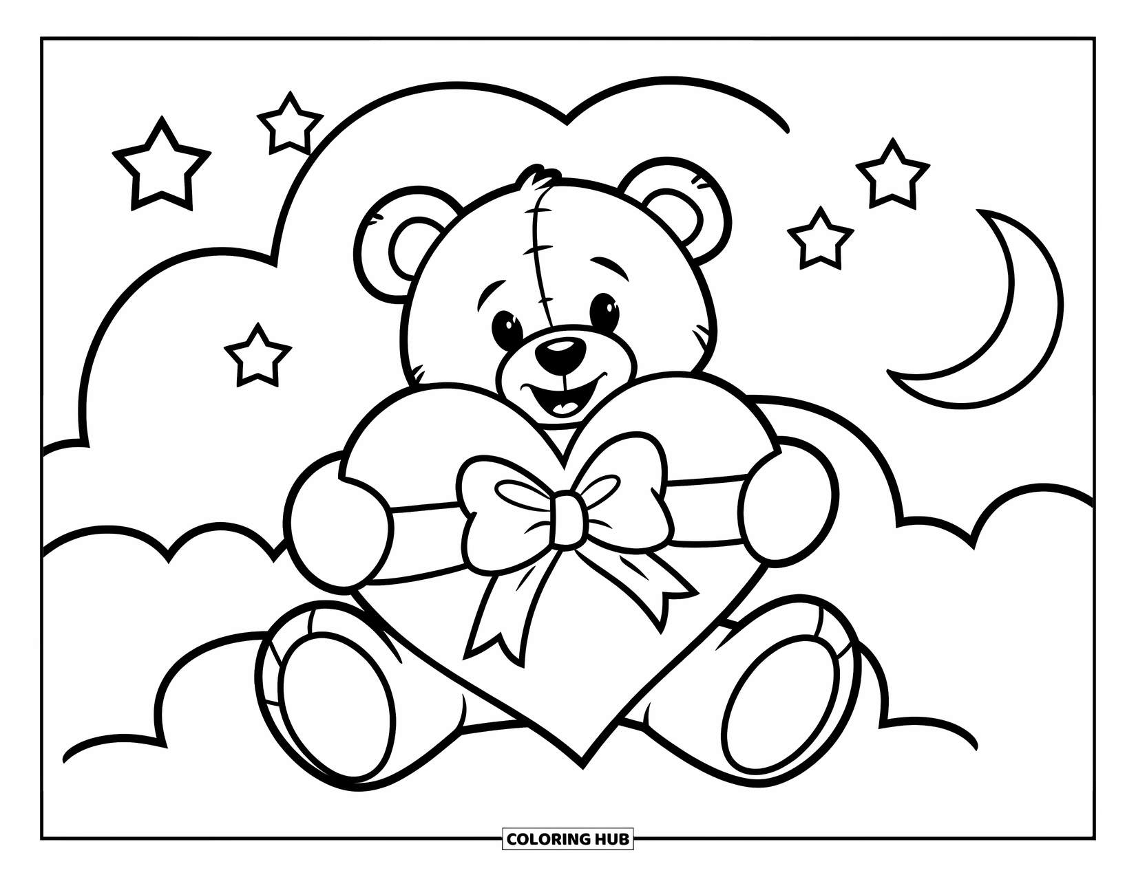 Valentine Heart Coloring Page for Kids: A teddy bear sits on a cloud holding a giant heart