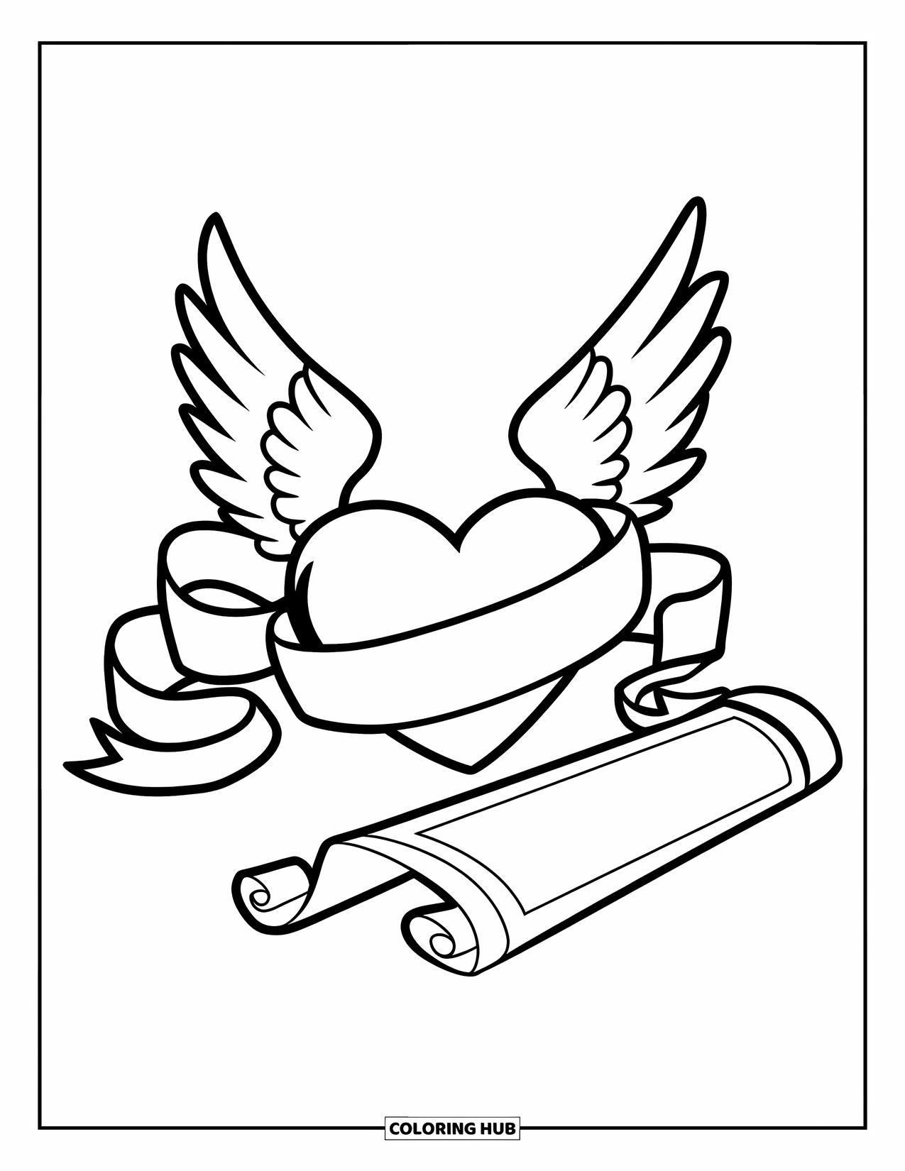 Valentine Heart Coloring Page for Kids: A winged heart holds a scroll, wrapped in a flowing ribbon