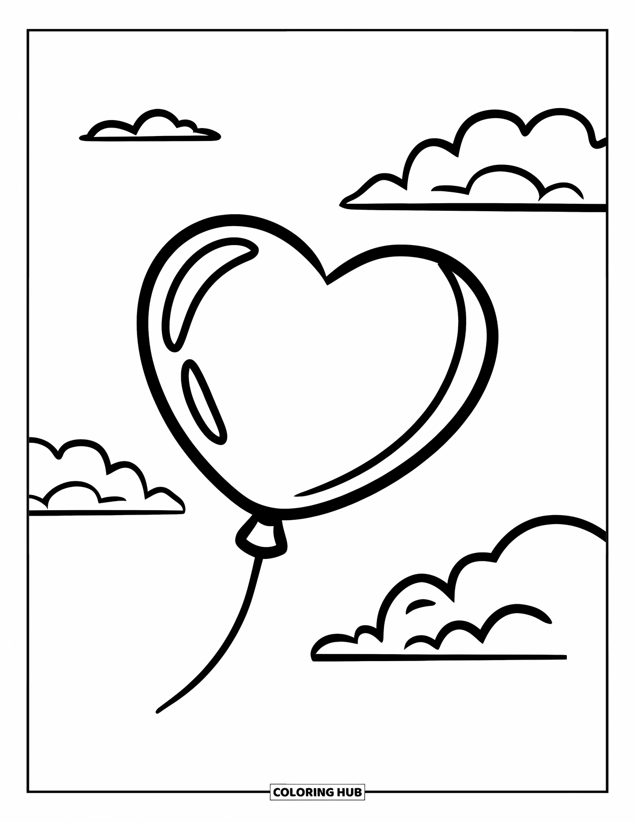 Valentine Heart Coloring Page for Kids: Clouds drift behind a heart balloon in the sky