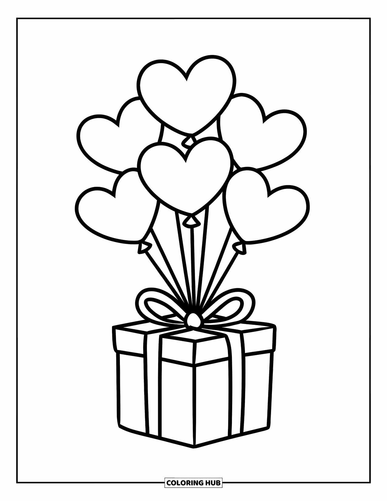 Valentine Heart Coloring Page for Kids: Heart balloons float above a gift box tied with ribbon