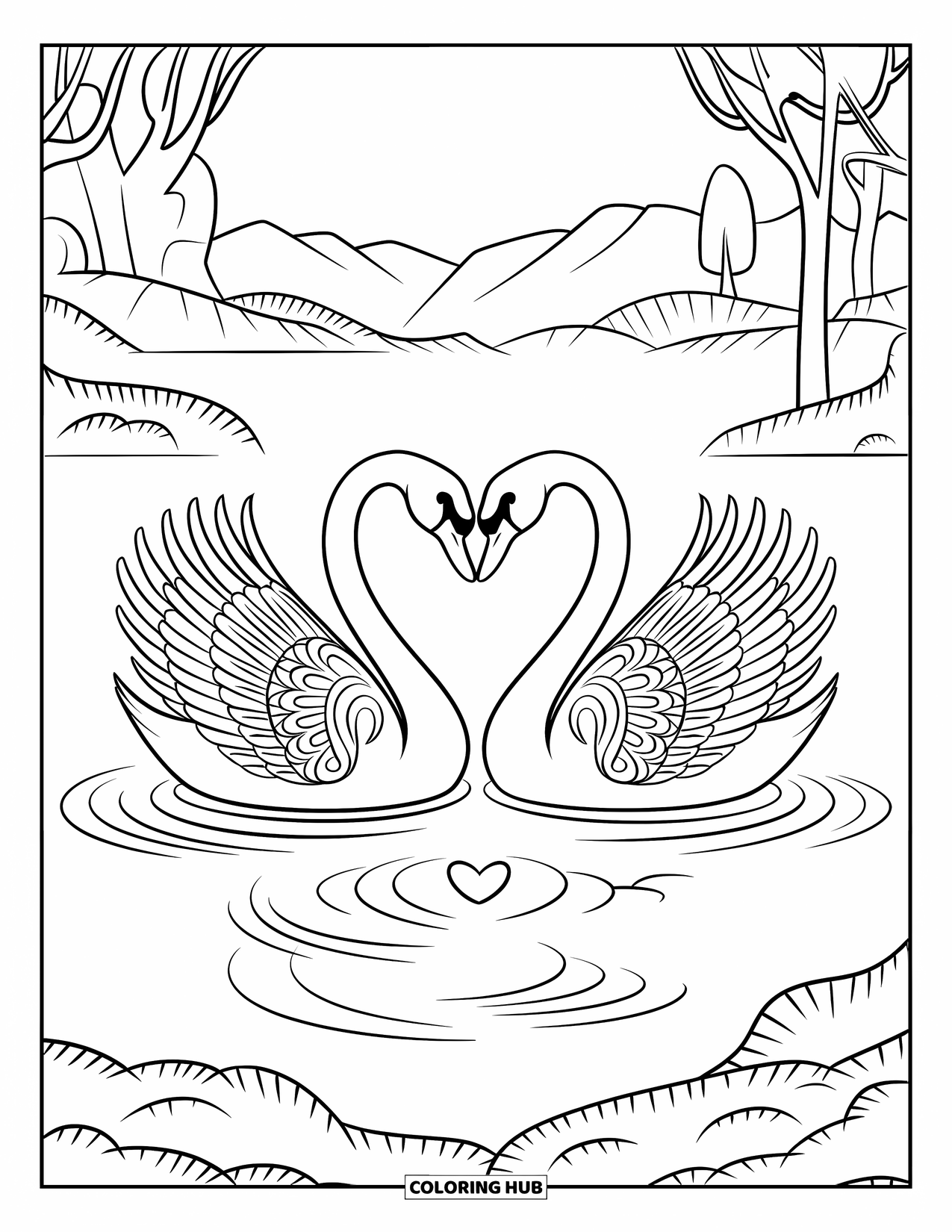 Valentine Heart Coloring Page for Kids: Heart-shaped swan necks reflect on peaceful water
