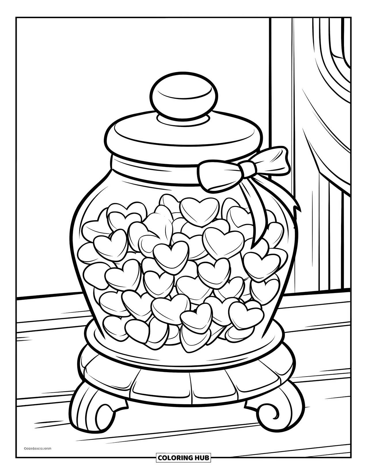 Valentine Heart Coloring Page for Kids: Hearts fill a jar tied with ribbon on a wooden stand