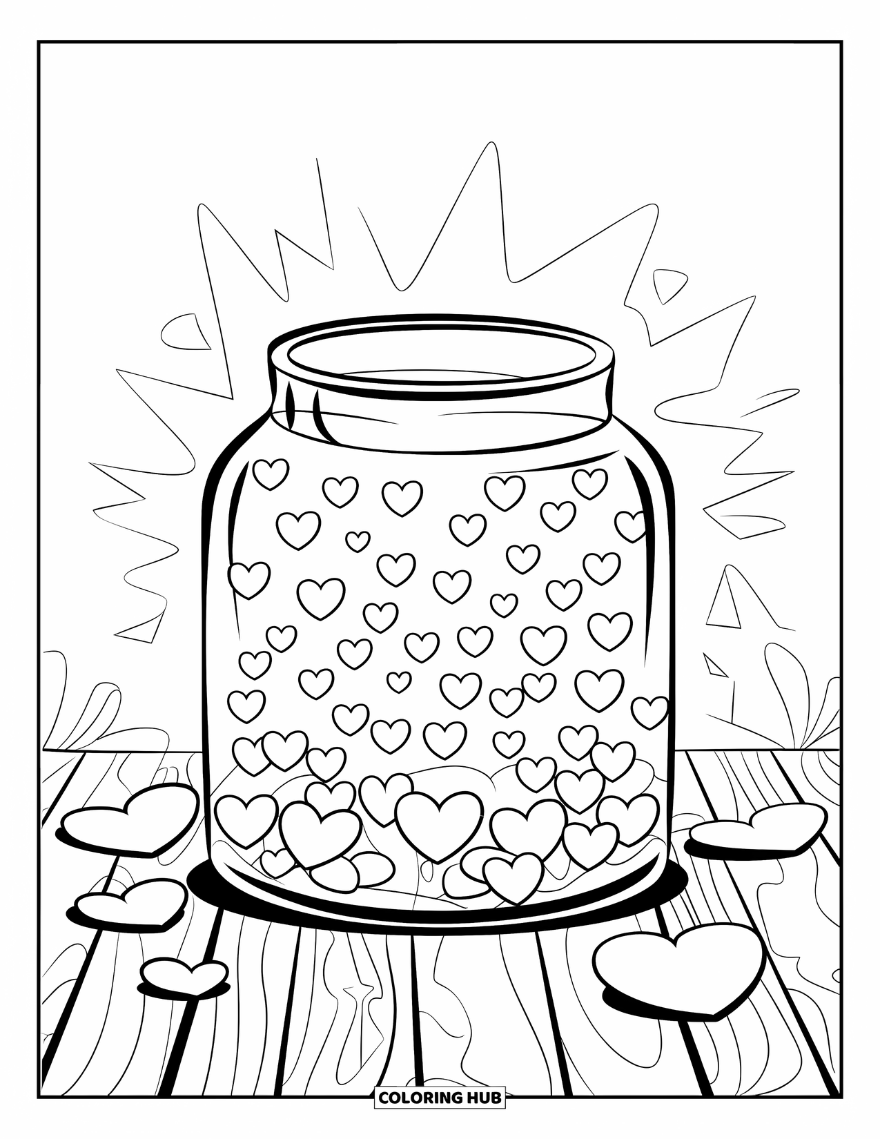 Valentine Heart Coloring Page for Kids: Hearts rise from a jar resting on a wooden surface