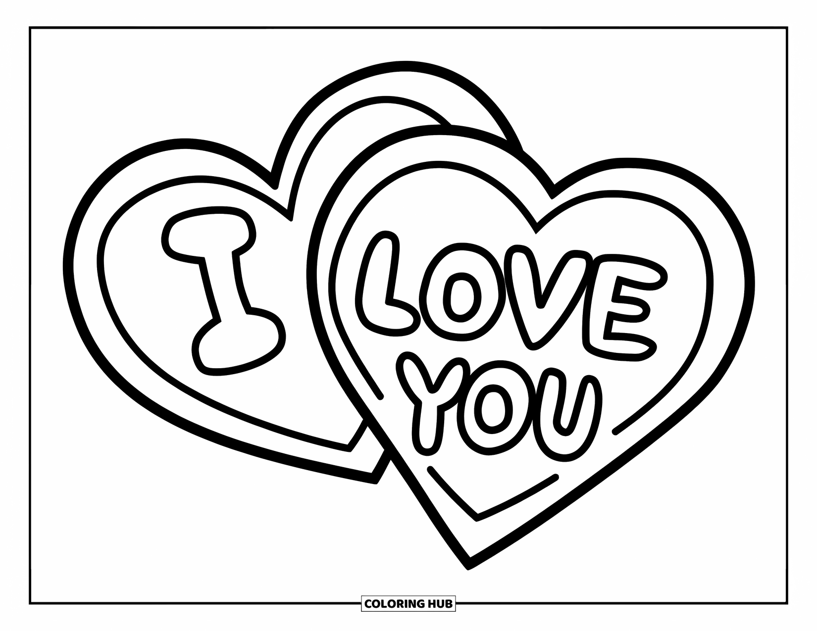 Valentine Heart Coloring Page for Kids: Hearts with the words "I Love You" are joined together