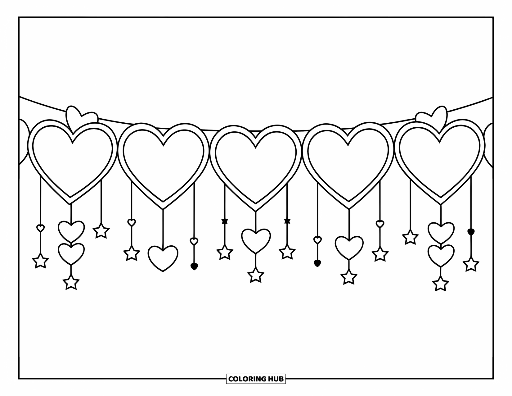 Valentine Heart Coloring Page for Kids: Stars and hearts dangle from a banner across the sky