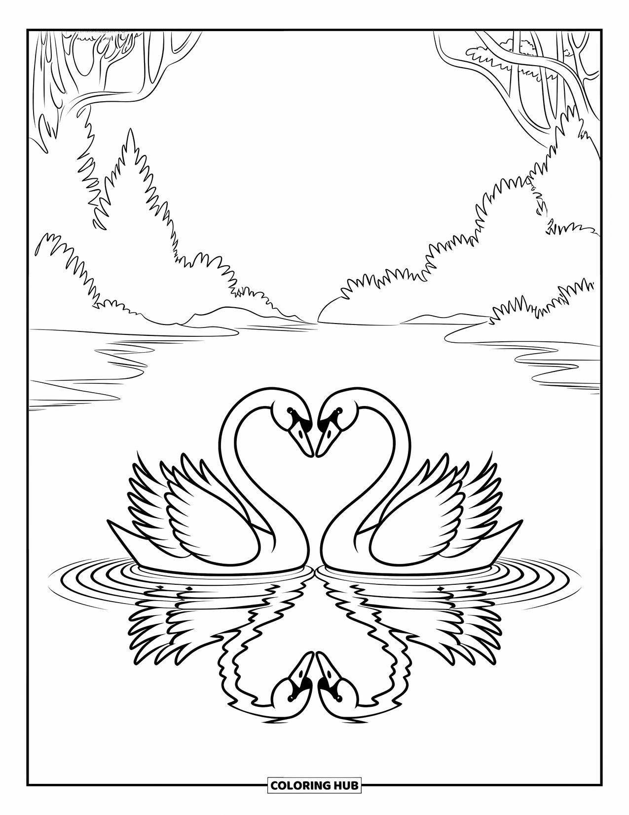 Valentine Heart Coloring Page for Kids: Swans make a heart above a calm lake and trees