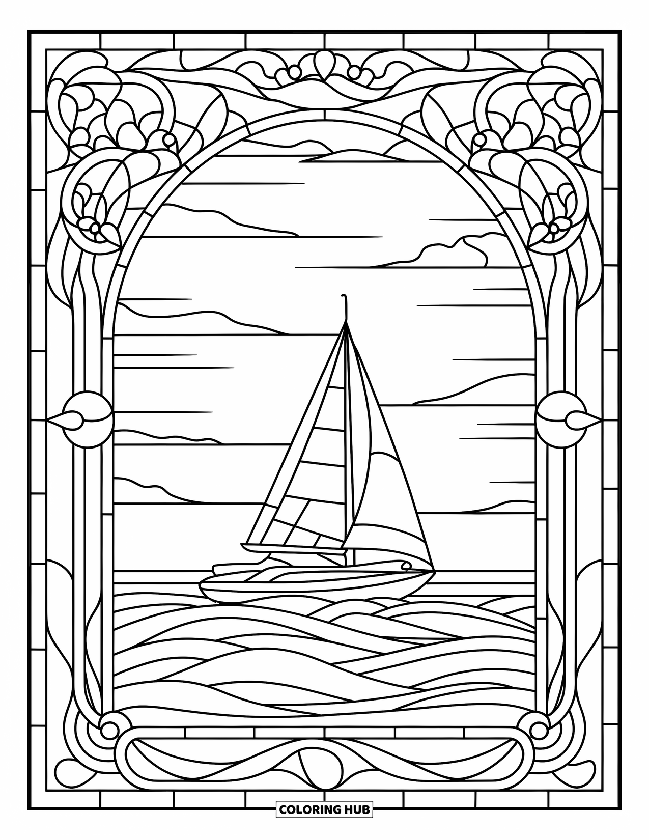 Vehicle Coloring Page for Adults: A boat floats through waves under clouds, framed by swirling stained glass