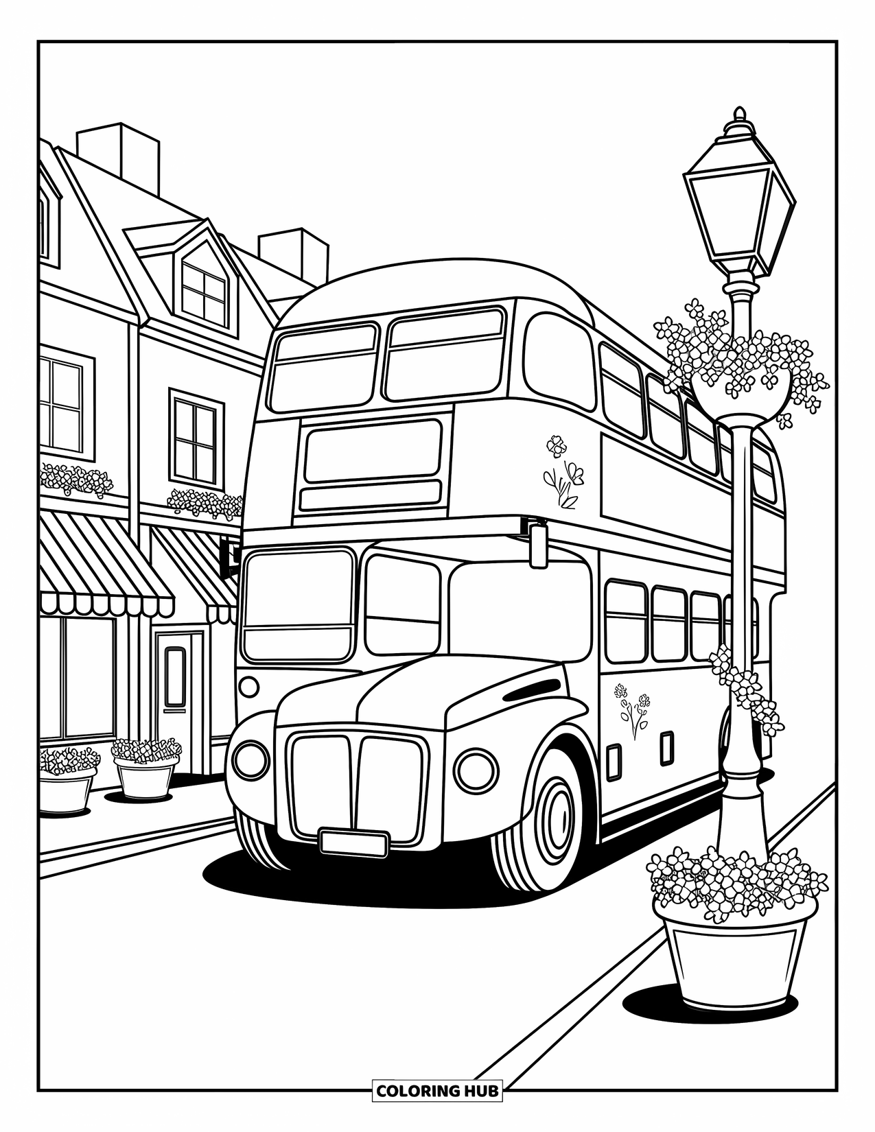 Vehicle Coloring Page for Adults: A charming bus sits in a cobblestone town filled with shops and blooms