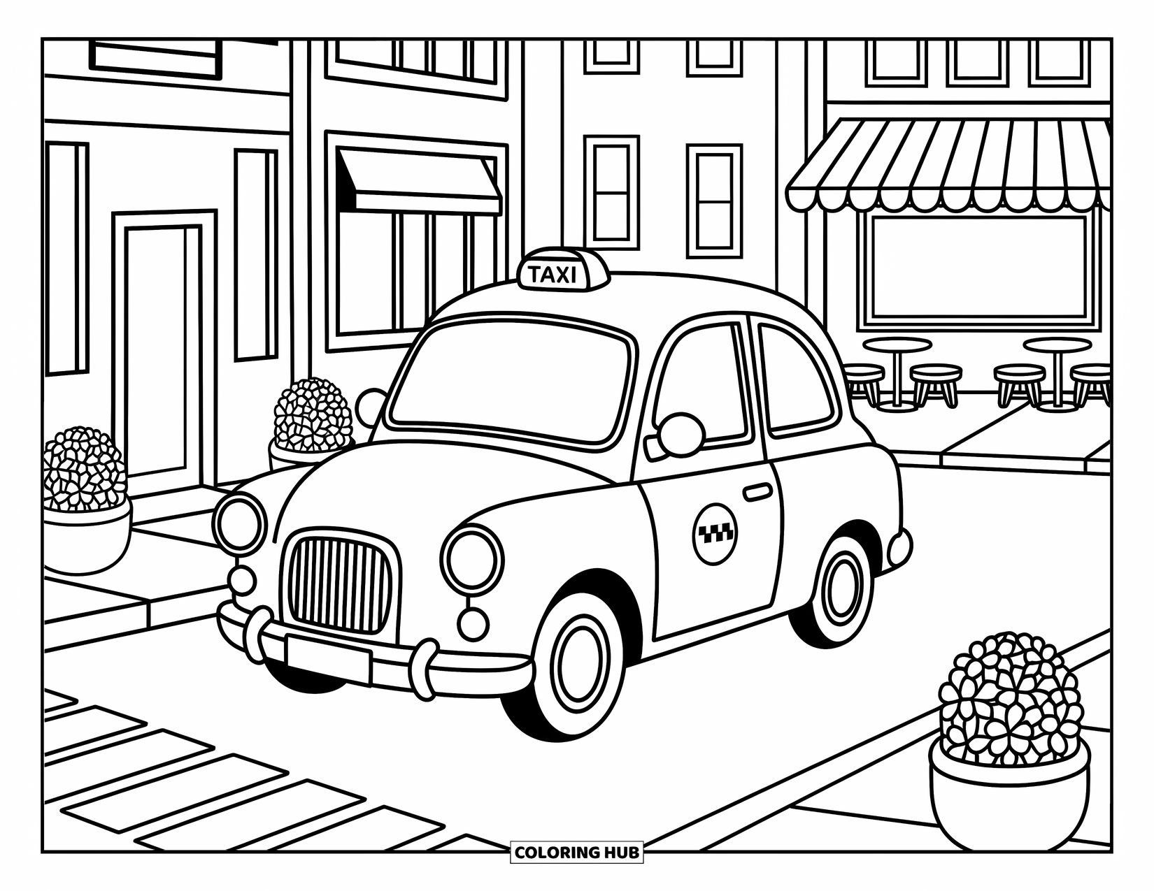 Vehicle Coloring Page for Adults: A cute taxi rolls down a quiet street past shops and flowers