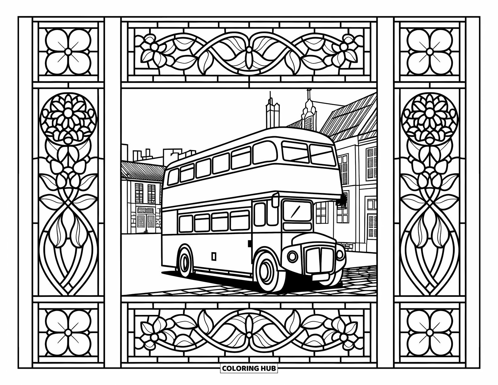 Vehicle Coloring Page for Adults: A double-decker bus is framed by stained glass patterns on a cobbled street