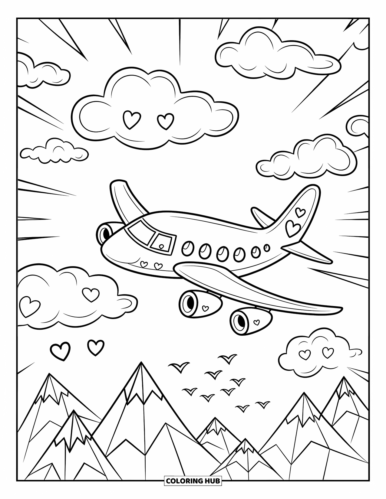 Vehicle Coloring Page for Adults: A dreamy plane soars through fluffy clouds with birds flying below