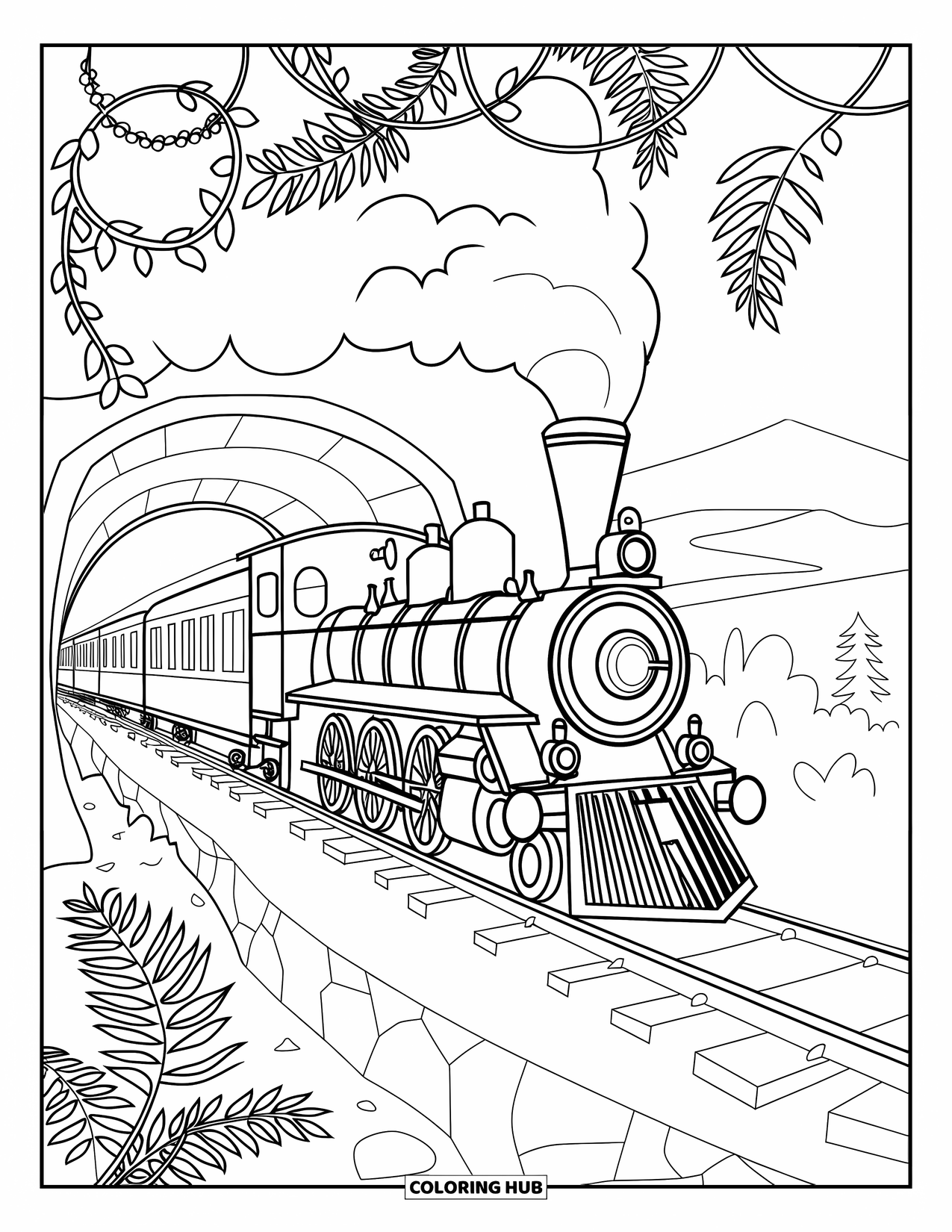 Vehicle Coloring Page for Adults: A forest train is tangled in ferns, vines, and rocky ground