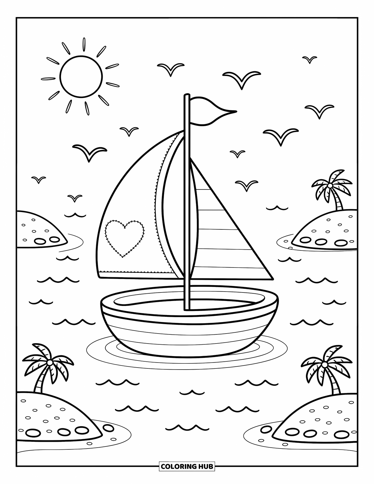 Vehicle Coloring Page for Adults: A playful sailboat sails by tiny islands and drifting seagulls