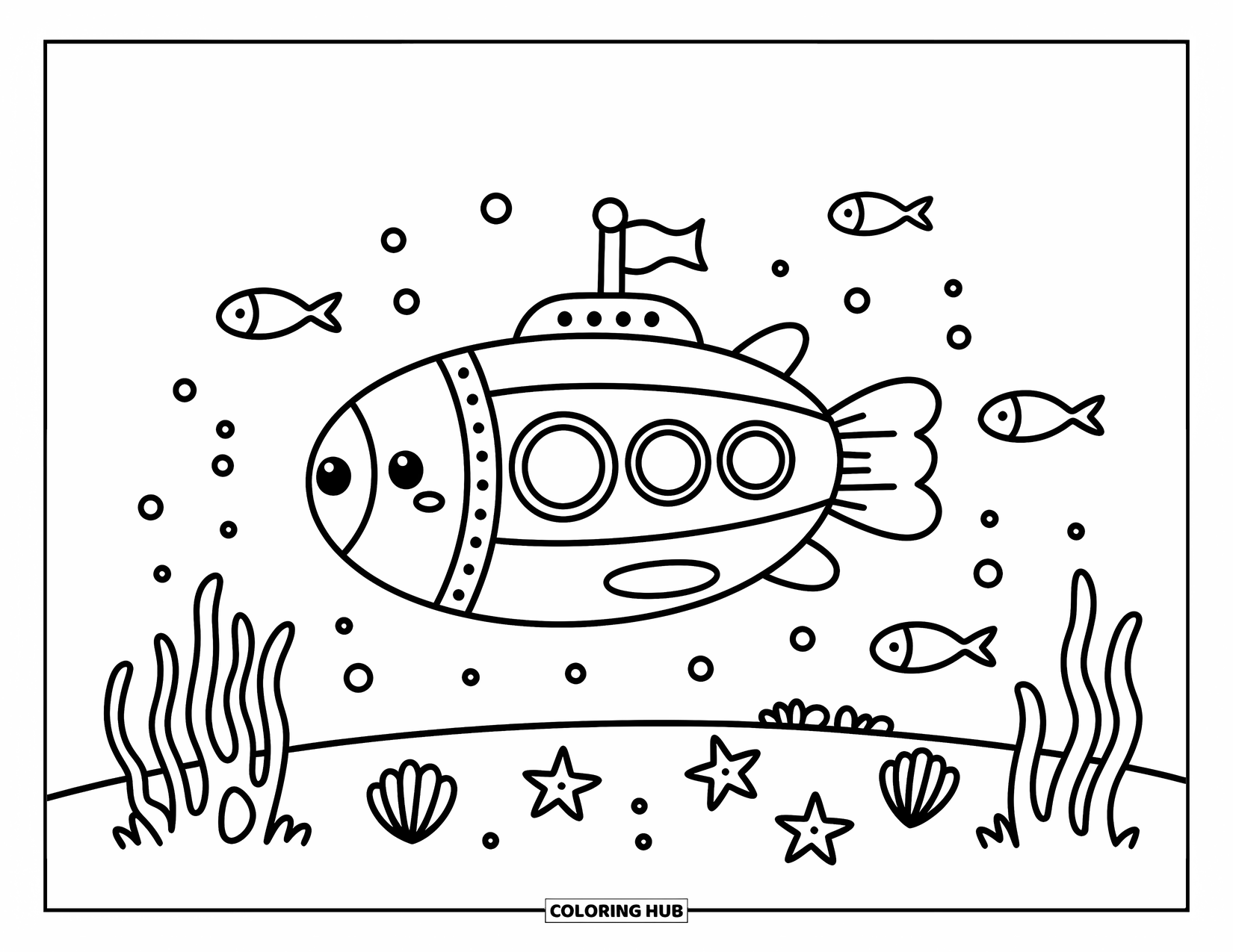 Vehicle Coloring Page for Adults: A round submarine drifts gently over a peaceful, bubbly seabed