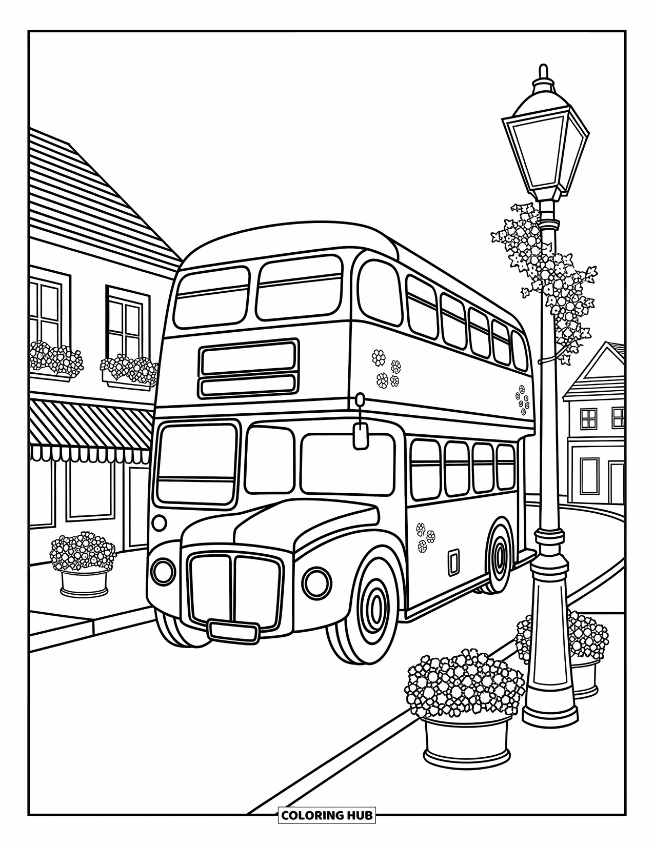 Vehicle Coloring Page for Adults: A rounded double-decker bus waits in a quaint town square