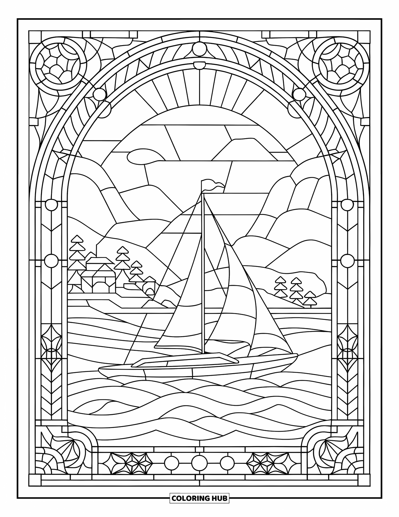 Vehicle Coloring Page for Adults: A sailing boat rides ocean waves inside a stained glass-style frame