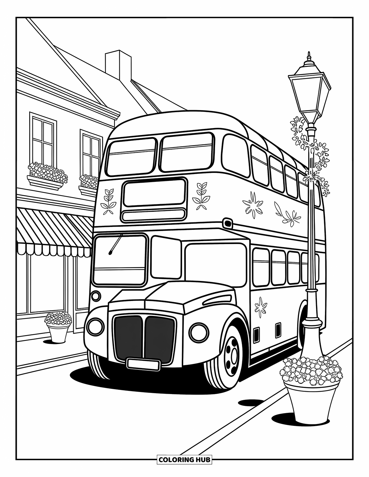 Vehicle Coloring Page for Adults: A soft-edged bus rests among shops, flowers, and a vine-wrapped lamp