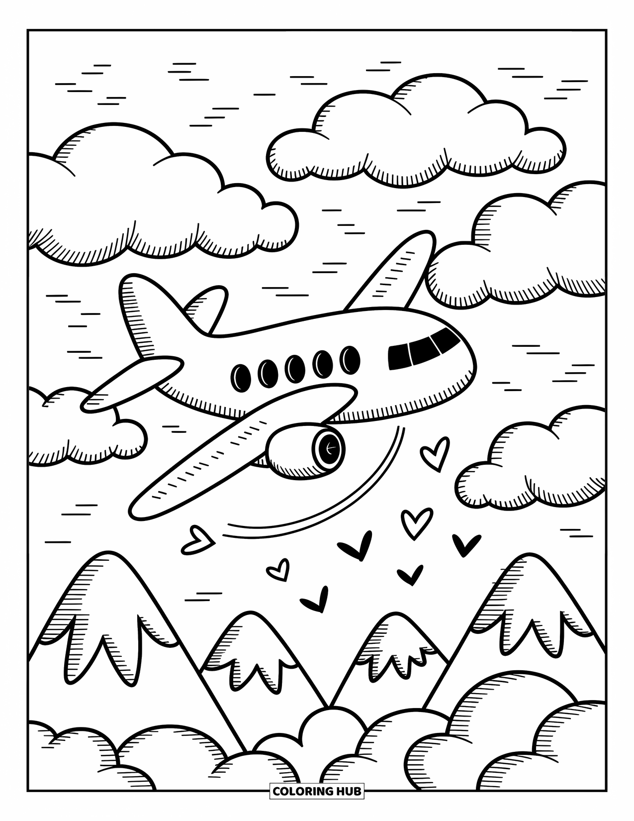 Vehicle Coloring Page for Adults: A sweet airplane glides through clouds leaving heart trails behind