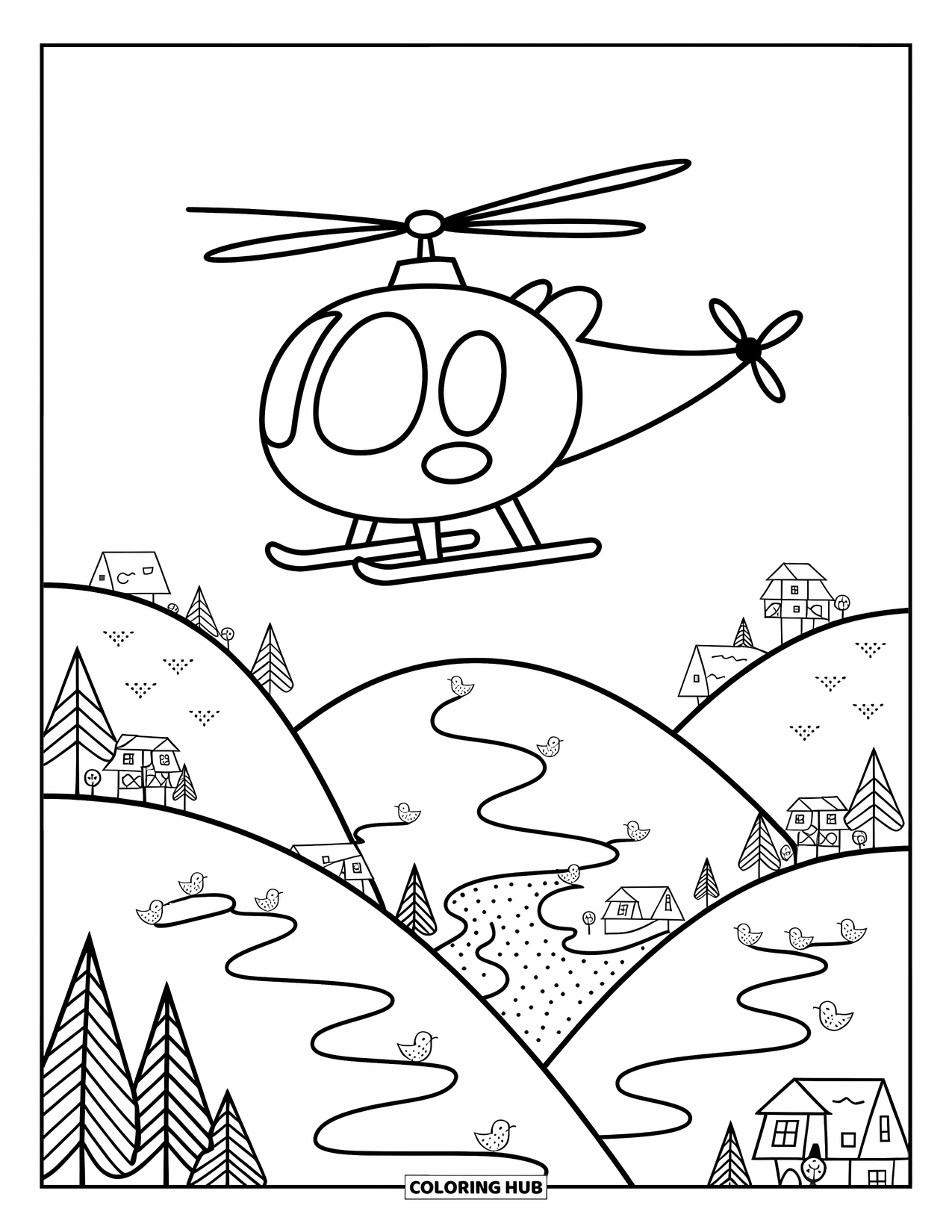 Vehicle Coloring Page for Adults: A tiny helicopter flies above soft hills with birds and walking trails