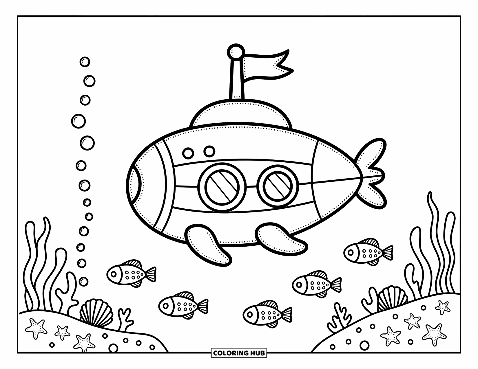 Vehicle Coloring Page for Adults: A tiny submarine floats above coral, seashells, and curious fish