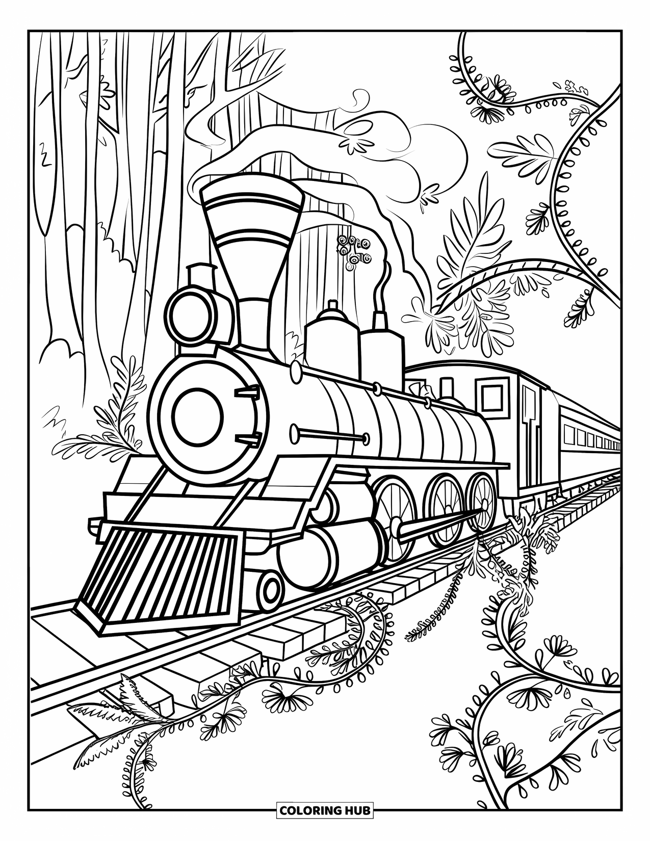 Vehicle Coloring Page for Adults: A train rests on the tracks wrapped in ferns and blooming vines