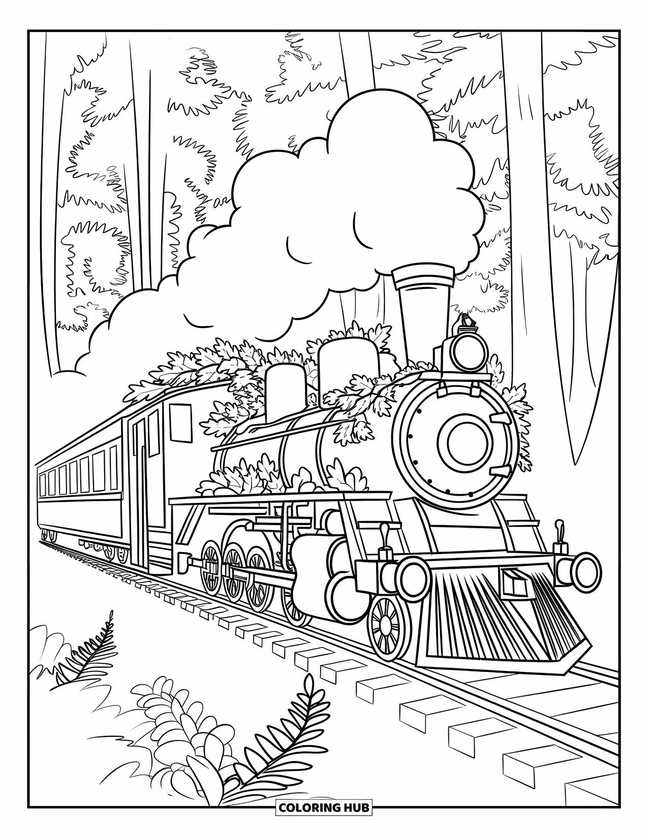 Vehicle Coloring Page for Adults: Botanical vines climb around a train on tracks in a dense forest