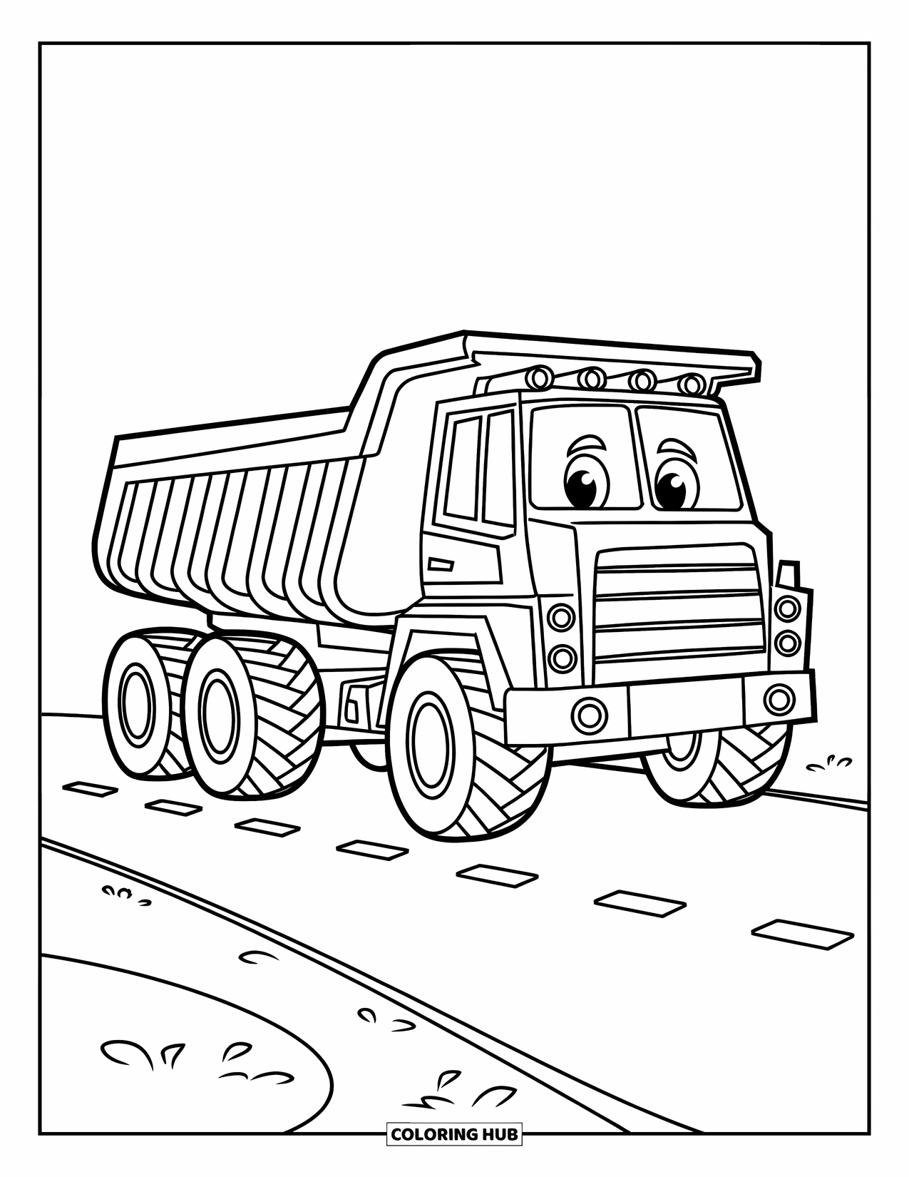 Vehicle Coloring Page for Kids: A cheerful dump truck bounces along a bumpy road