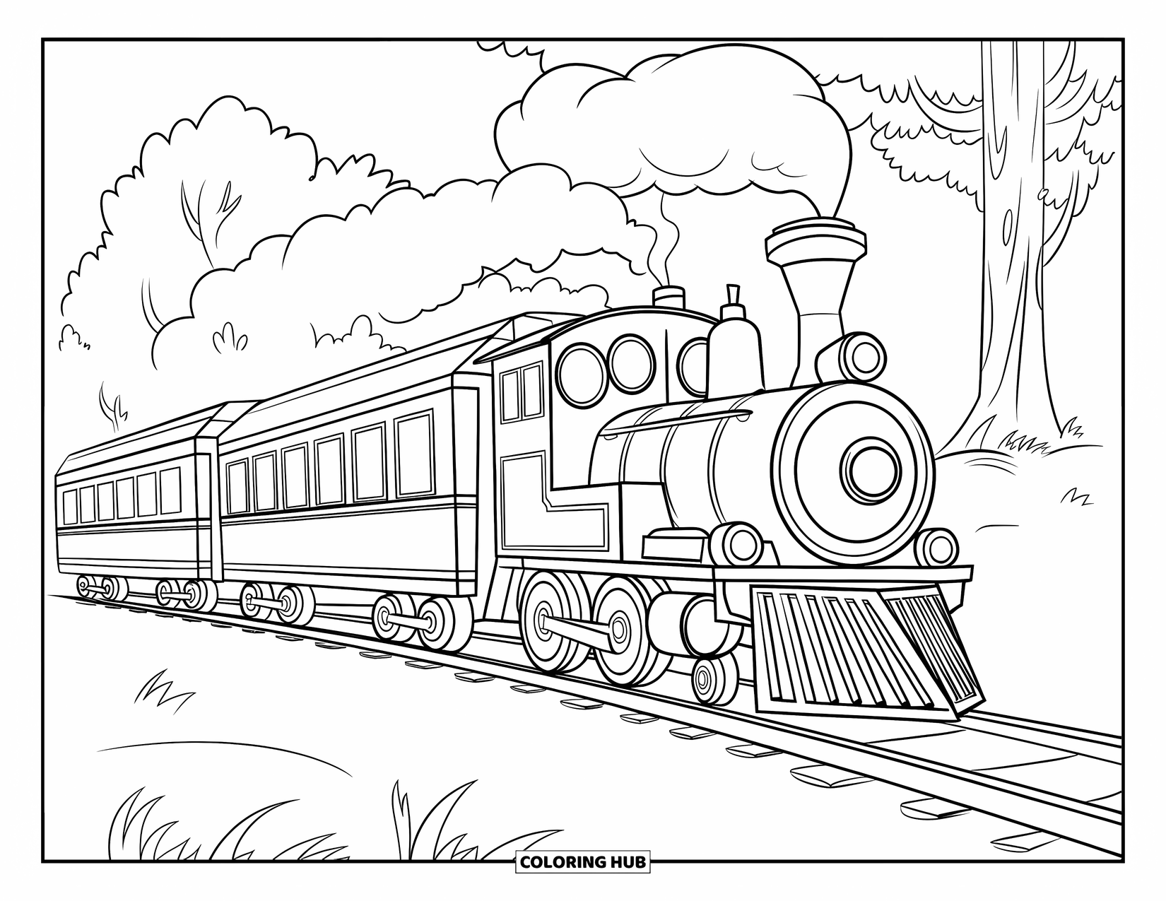 Vehicle Coloring Page for Kids: A cheerful train chugs through a forest of tall trees